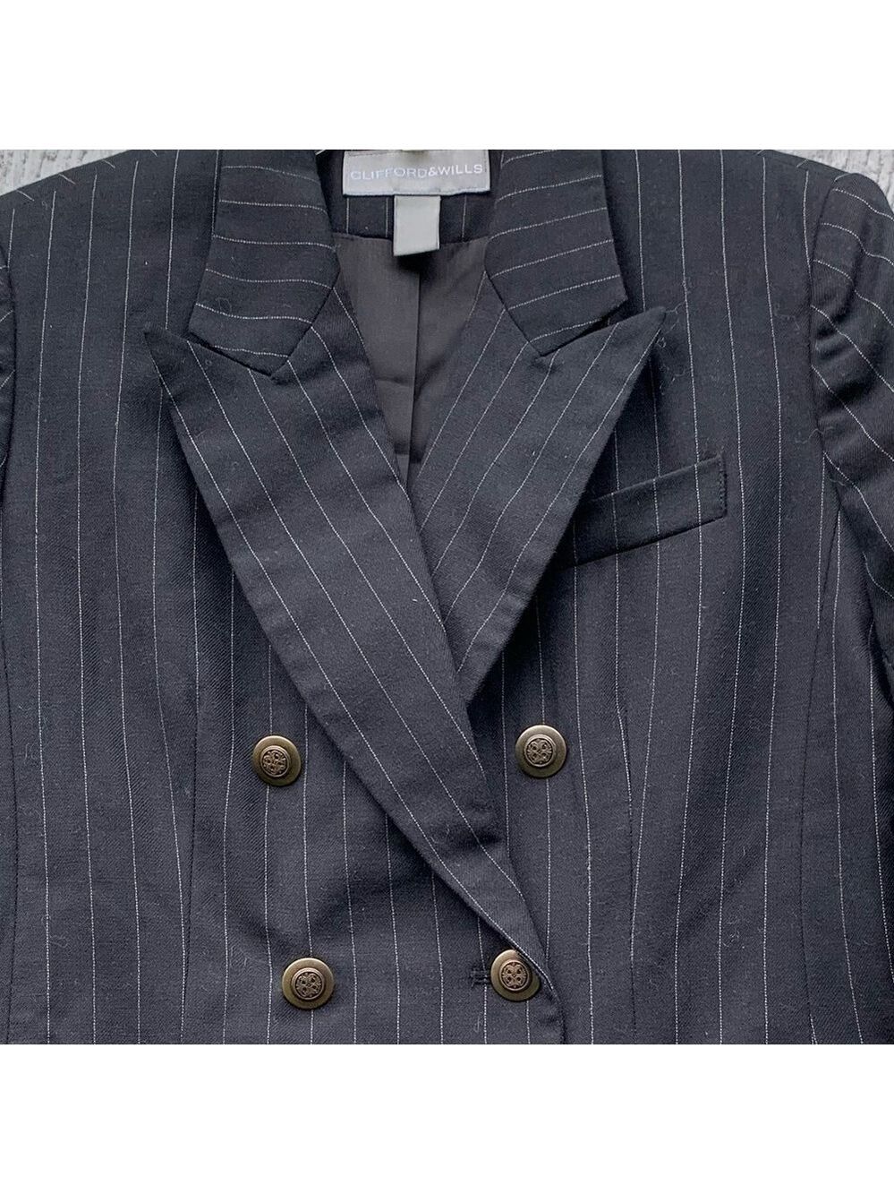 Black Wool Pinstripe Double Breasted Blazer Jacket Menswear Vintage Oversized